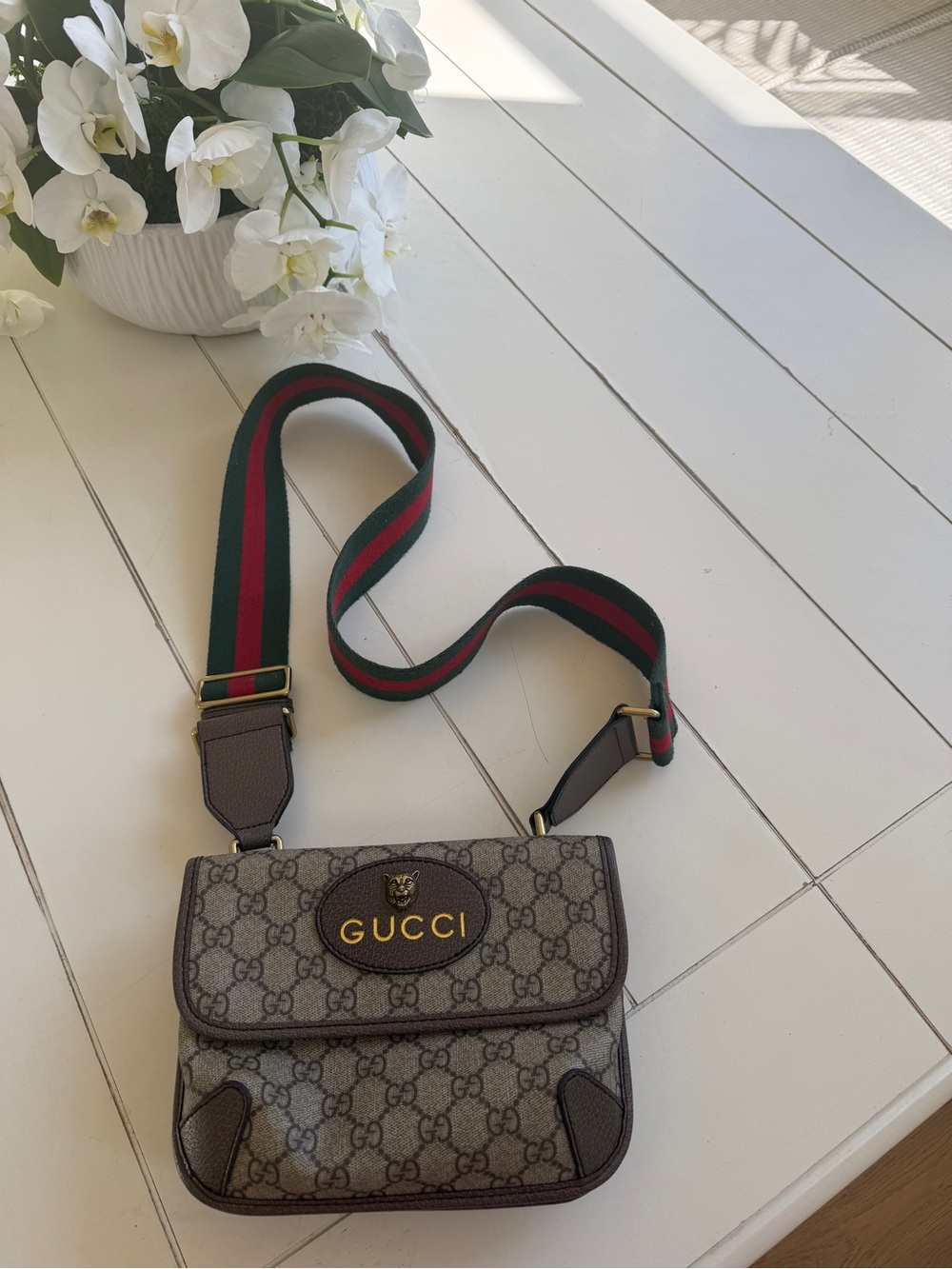 Gucci GG Supreme Crossbody Bag in Brown with Green-Red Web Strap